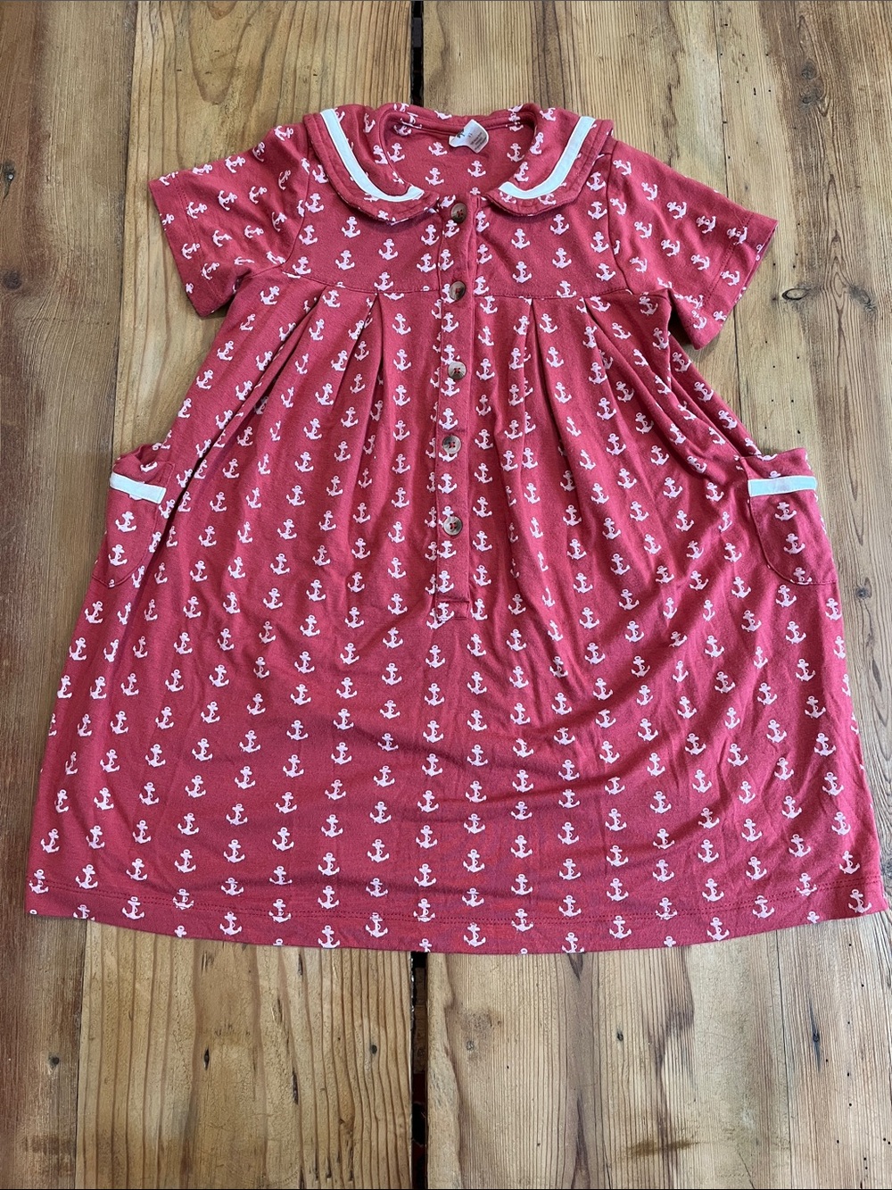 KATE QUINN 3T Red Sailor Anchor Printed Bamboo Blend Dress Pockets Flap